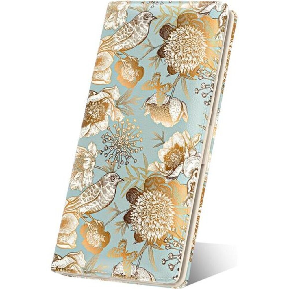 Women's Wallet, RFID Slim Wallets for women's Blue and Gold Flowers Desing